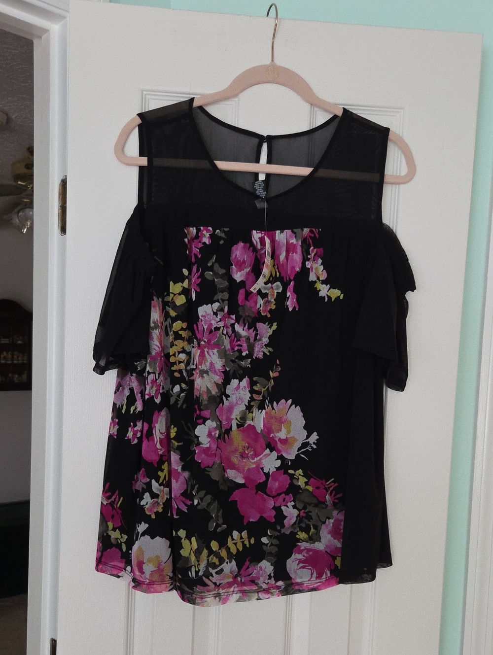 INC International Concepts Black Cold-Shoulder Blouse with Pink Floral Print